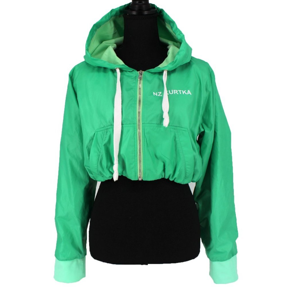 Natasha Zinko Logo Green Cropped Hooded Windbreaker Zip Up Jacket Medium M